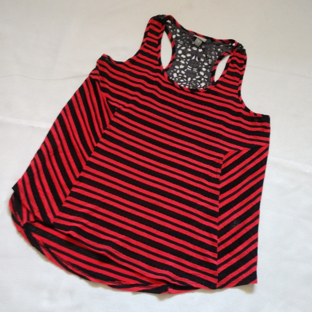 Ladies small Vanity black & red striped tank top w Unique vinyl lace cutout back